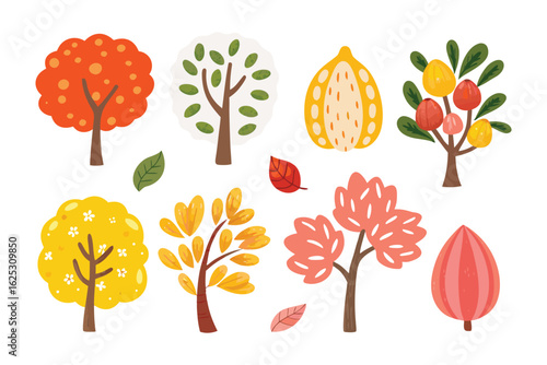 Animated Foliage Ensemble: An artistic ensemble of vibrant, illustrated trees, showcasing diverse seasonal foliage and textures in a dynamic collection, ready to infuse graphic projects.