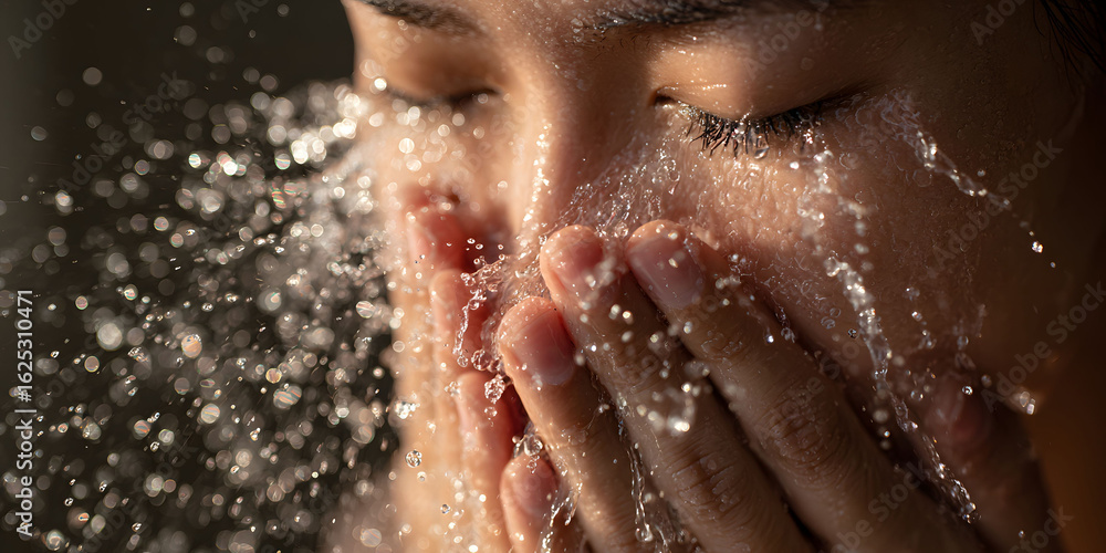 Fototapeta premium Close Up of Woman Splashing Water on Face