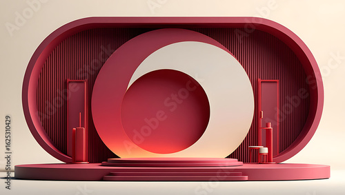 Elegant red oval display featuring a large white number six surrounded by subtle lighting and decorative elements