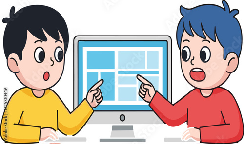 Two kids sitting at desk using computer, boy explaining something, digital learning, teamwork, surprised reaction, cartoon style illustration.