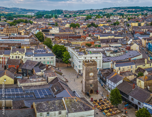 Photos Aerial view of Newton Abbot’s historic St Leonard’s Tower (Clock Tower) rising a