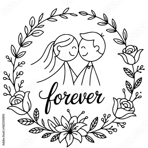 Forever love: A simple illustration depicts an everlasting moment of love. Two figures embrace encircled by a floral wreath, creating a symbol of eternal devotion.