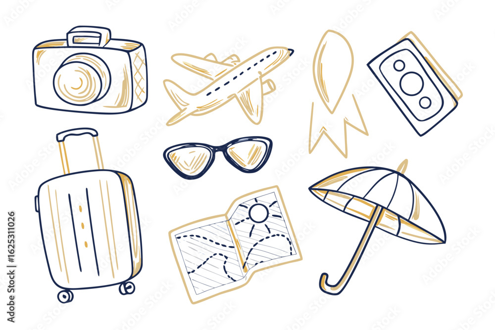 Travel Sketchbook: A delightful, hand-drawn illustration set, featuring a camera, plane, location pointer, wallet, suitcase, sunglasses, map, and umbrella. A charming artistic rendering.