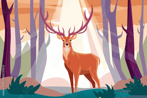 Majestatyczny jeleń, król lasu, w promieniach światła. Ilustracja symbolizująca siłę, szlachetność i dziką naturę.