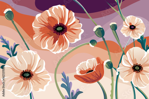 Delikatna, artystyczna kompozycja z polnymi makami. Malownicza ilustracja botaniczna, idealna jako tło lub dekoracja.