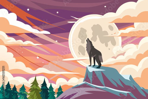 Majestatyczny wilk wyjący do księżyca w pełni na tle górskiego krajobrazu. Ilustracja symbolizująca wolność, siłę i dziką naturę.