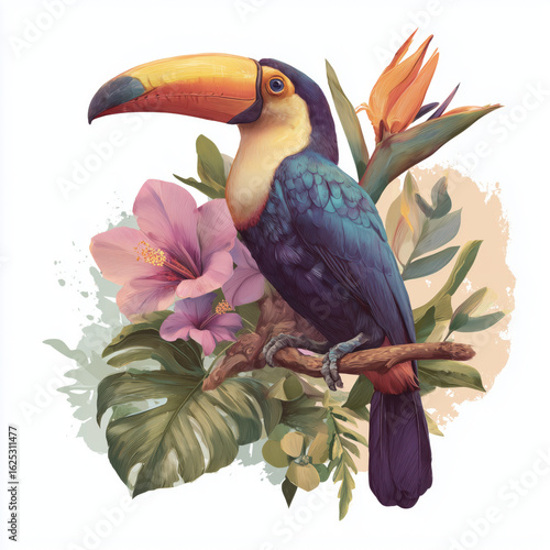 toucan on a branch with tropical leaves and flowers, vivid detailed illustration