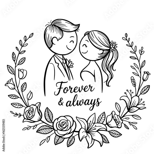 Everlasting Bond: A charming black and white sketch depicts a loving couple at the start of their journey together, embraced by a floral wreath and symbolizing love, unity, and the promise of forever.