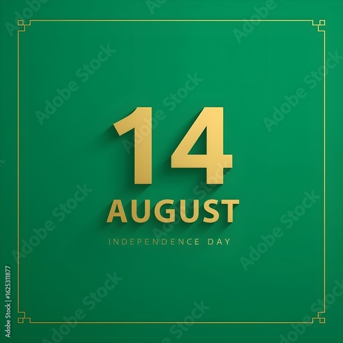 "14 August Independence Day of Pakistan Design with English Text and Elegant Gold Border on Green Background – National Celebration Template