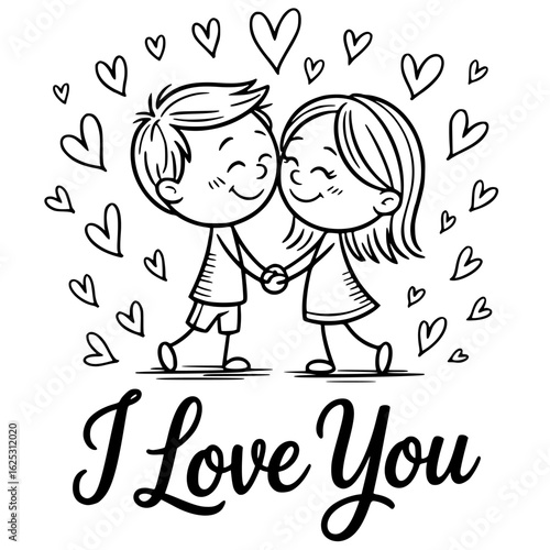 Enchanted Embrace: A loving couple is depicted in a line-art style, surrounded by hearts and the heartfelt message of love.