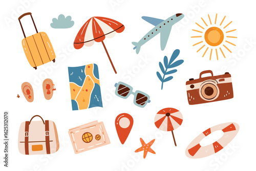 Dreamy Vacation Accessories: A curated assortment of travel essentials, from a stylish suitcase to a classic camera, inviting viewers to embark on a journey of their own.