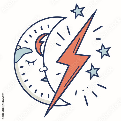 Illustration of a crescent moon with a face next to a lightning bolt and three stars in the sky