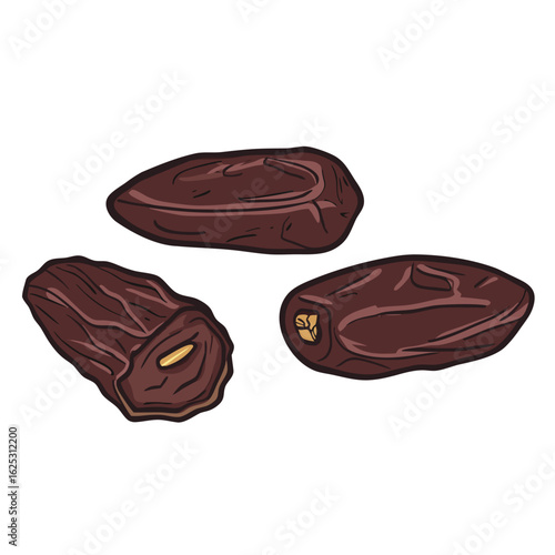 Three dark brown dates with visible seeds and textured skin fruit food