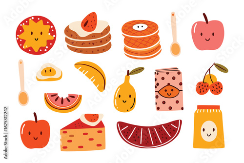 Whimsical Culinary Delights: A cheerful assortment of illustrated food items, including pancakes, apple, citrus fruit, and other sweet treats, radiates with happiness, evoking a sense of pure delight.