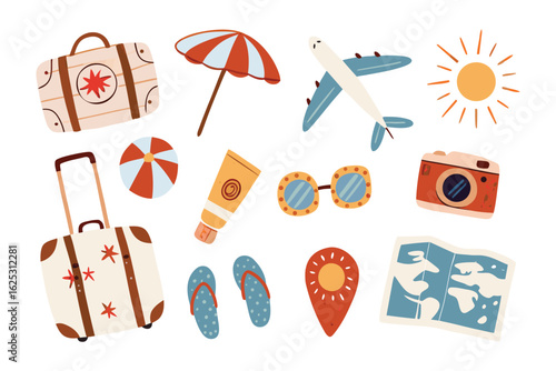 Journey Essentials: An assortment of travel essentials artfully arranged, portraying the essence of wanderlust, escape, and memorable vacations, a vivid representation of sun-soaked adventures.