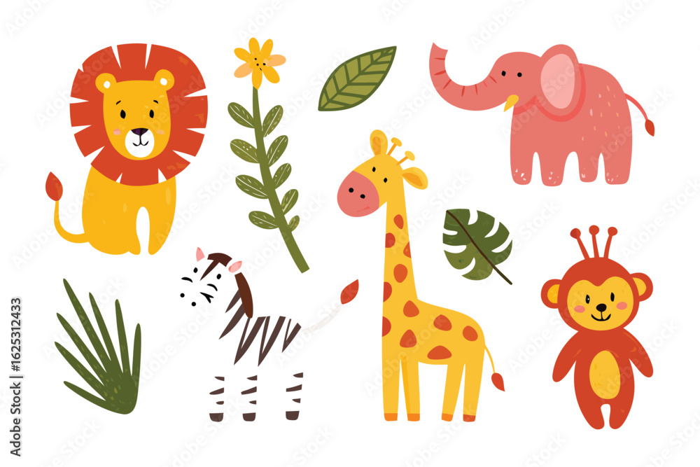 Fototapeta premium Safari Cartoon Animals: Delightful cartoon illustrations of a lion, zebra, giraffe, elephant, monkey, and botanical elements, a cheerful and vibrant scene perfect for children.