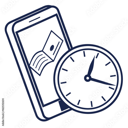 Illustration of a smartphone displaying a book icon next to a clock with hands indicating the time