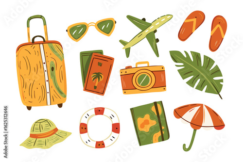 Travel Essentials and Adventures: A curated collection of vibrant travel essentials and adventurous elements, ready to embark on new horizons, capturing the essence of wanderlust and exploration.