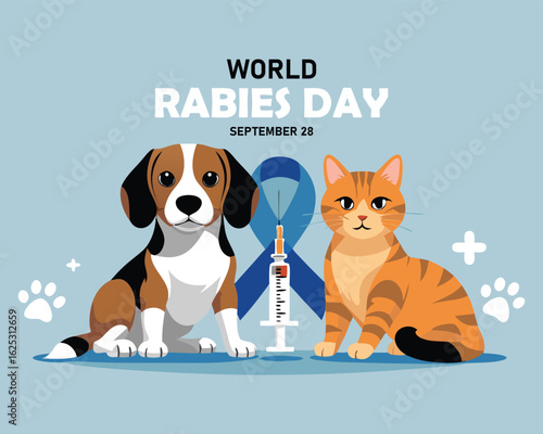 World Rabies Day greeting card banner vector design. Cute cartoon Beagle dog and orange tabby cat.