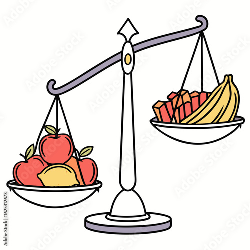 Illustration of a balance scale with apples and a lemon on one side and banana and mango on the other