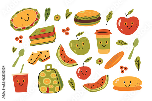Cartoon Mealtime Delight: A whimsical collection of smiling cartoon food items, including a burger, apple, watermelon, and more, create a playful and appetizing illustration.