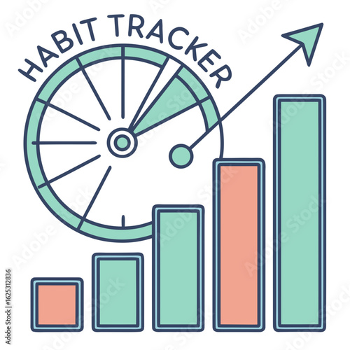 Illustration of a habit tracker with a circular gauge and a rising bar graph with an upward arrow
