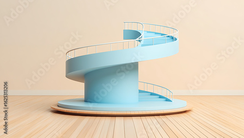Abstract futuristic spiral staircase design featuring a soft blue hue against a neutral background on a wooden surface