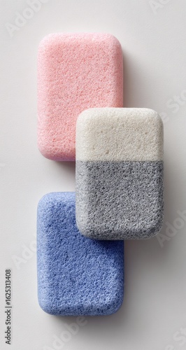 Three textured rectangular soap-like objects stacked vertically