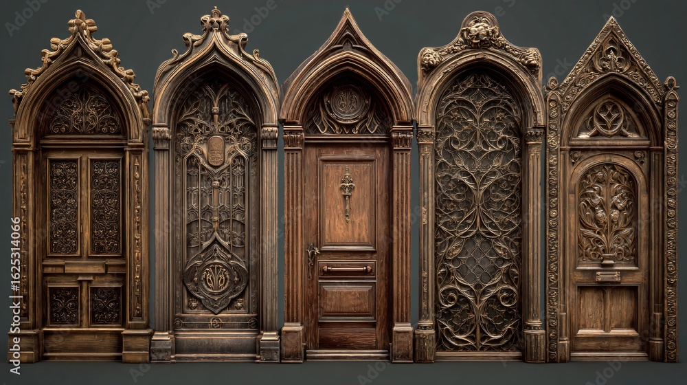Obraz premium Five Ornate Gothic Style Doors - Intricate Architectural Design Details