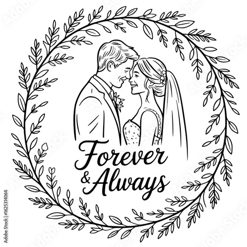 Eternal Commitment: A tender illustration of a radiant couple, embraced in a romantic frame of natural elegance, showcasing a vow of everlasting love with the message Forever & Always.
