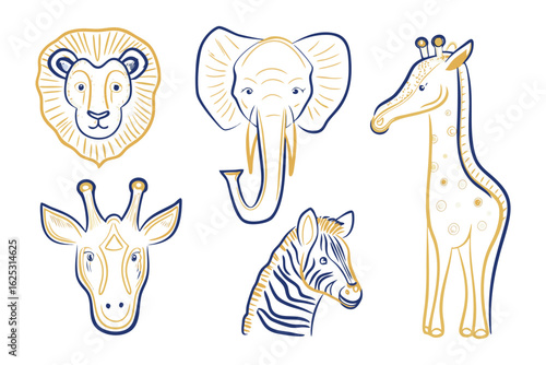 African Animal Icons: A collection of stylized line drawings featuring the majestic lion, the wise elephant, the graceful giraffe, and the iconic zebra.