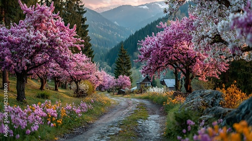 Radiant Pink Wildflowers Lining Serene Mountain Lane – Immersive Nature Visual for Eco-Tourism and Digital Wellness Campaigns