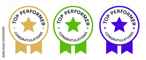 Top Performer Badge Set with Three Variations in Black Vector Silhouette Style, Editable Formats: AI, EPS, JPG, PNG, Ideal for Both Digital and Print Use
