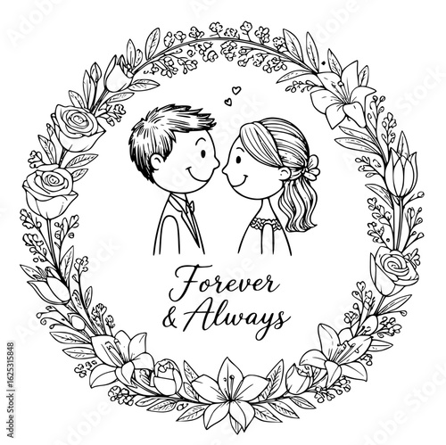Eternal Love: A tender moment between two cartoon characters framed by an exquisite wreath. Embodying the essence of romance, forever love.