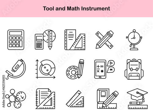 Modern outline icon set featuring math and science tools: calculators, rulers, graphs, molecules, and more. Perfect for STEM apps, learning platforms, and academic visuals.
