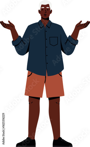 Young dark skinned man standing with raised hands wearing navy shirt and orange shorts casual summer outfit vector illustration
