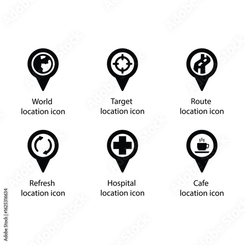 World, Target, Route, Refresh, Hospital, Cafe, location icon