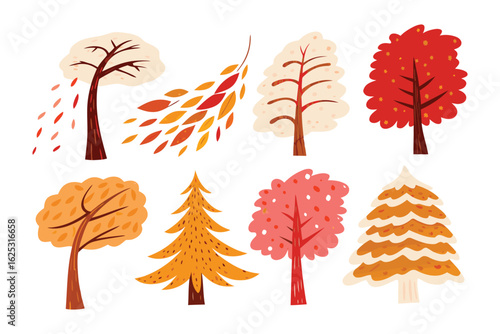 Autumnal Tree Collection: A captivating collection of meticulously crafted trees in autumnal hues, each displaying a unique silhouette and texture.