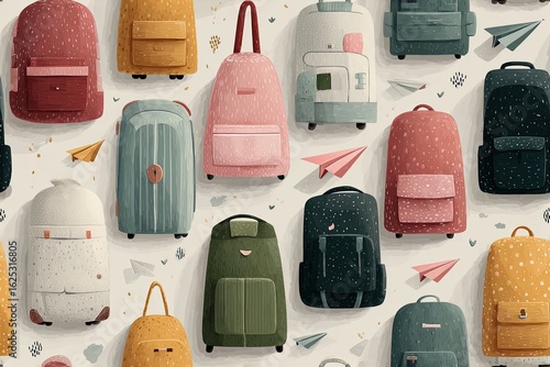 Minimalist geometric seamless pattern with abstract backpacks school buses and paper planes in muted pastels Scandinavian design influence
