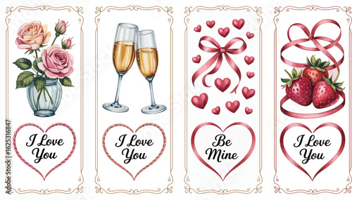 Watercolor valentine's day bookmarks with roses, champagne, hearts, and berries