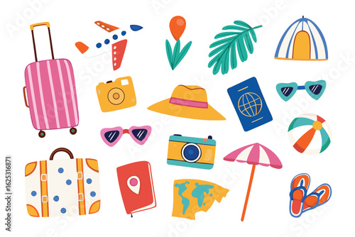 Travel Essentials: A charming collection of travel essentials arranged in a vibrant assortment of a pink suitcase, passport, hat, sunglasses, umbrella, and other travel-related item for exploration. 