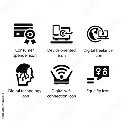 Consumer spender, Device oriented, freelance, Digital technology, wifi connection, Equality, icon