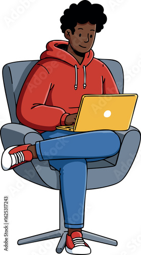 Young man working on laptop sitting comfortably in modern swivel chair wearing red hoodie and sneakers casual vector illustration