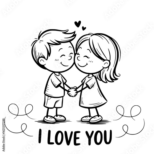 Sweetheart's Embrace: Charming hand-drawn illustration of two smiling young individuals, tenderly holding hands, surrounded by the simple inscription I Love You and delicate doodles.