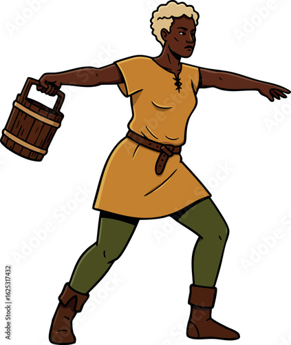 Dark skinned woman in medieval clothing carrying wooden bucket in dynamic pose vector illustration