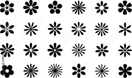 A collection of twenty four black and white flower designs in rows and columns