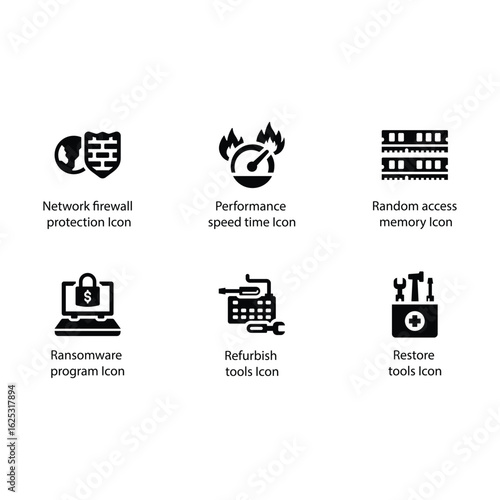 Firewall protection, Performance, RAM, Ransomware program, refurbish tools, Restore tools, icon