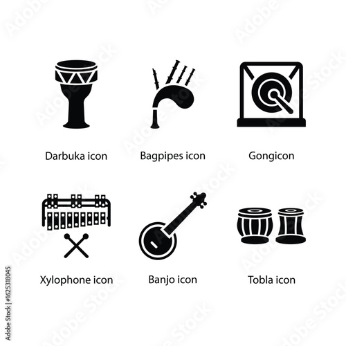 Darbuka, Bagpipes, Gongicon, Xylophone, Banjo, Tobla, icon