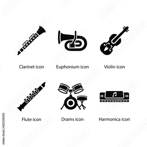 Clarinet, Euphonium, Violin, Flute, Drams, Harmonica, icon