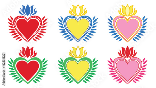Set of six colorful sacred heart symbols with floral accents blue border